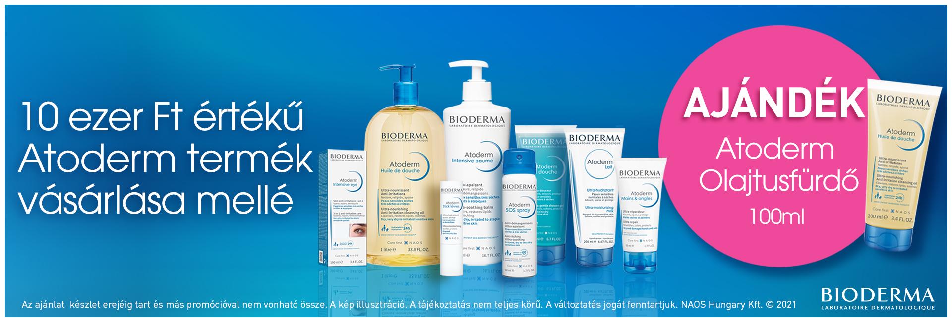 2021. március 22-31. között 10.000 Ft feletti Bioderma Atoderm vásárlás esetén ajándékba adunk 1db Bioderma Atoderm olajtusfürdő  100ml-t 2.980Ft értékben! 