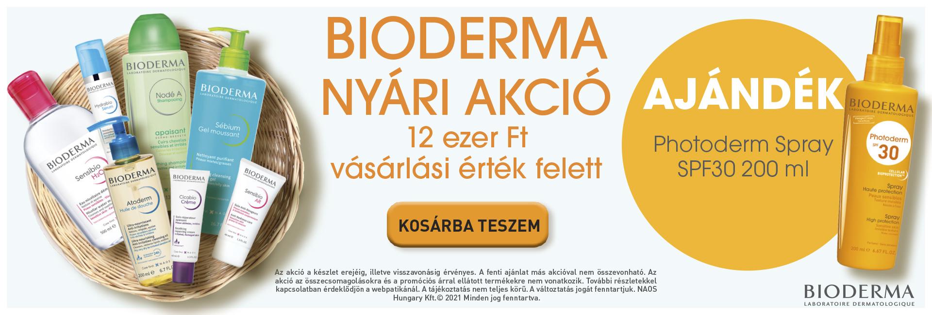 2021. június 26-30. között 12.000 Ft feletti Bioderma vásárlás esetén ajándékba adunk 1db Bioderma Photoderm spray SPF30 200ml-t 7.738 Ft értékben! 