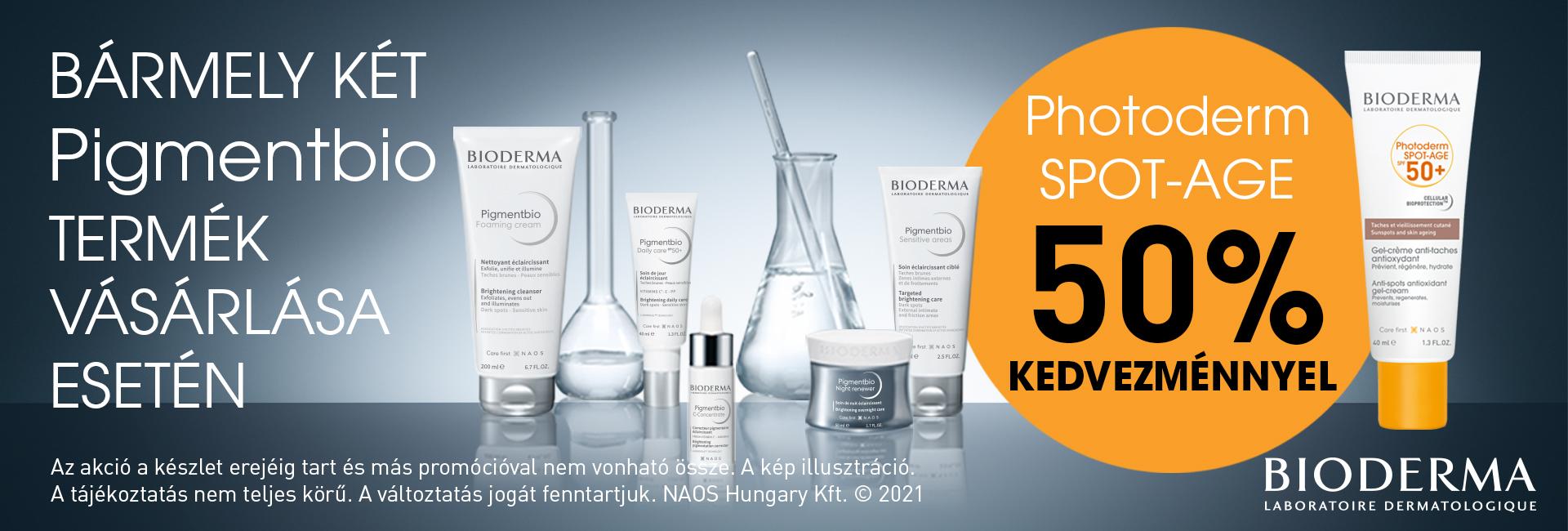 2021. január 22. és február 8. között 2db Bioderma Pigmentbio termék vásárlása esetén a Bioderma Photoderm Spot Age arcápolóra 50% kedvezményt adunk! 