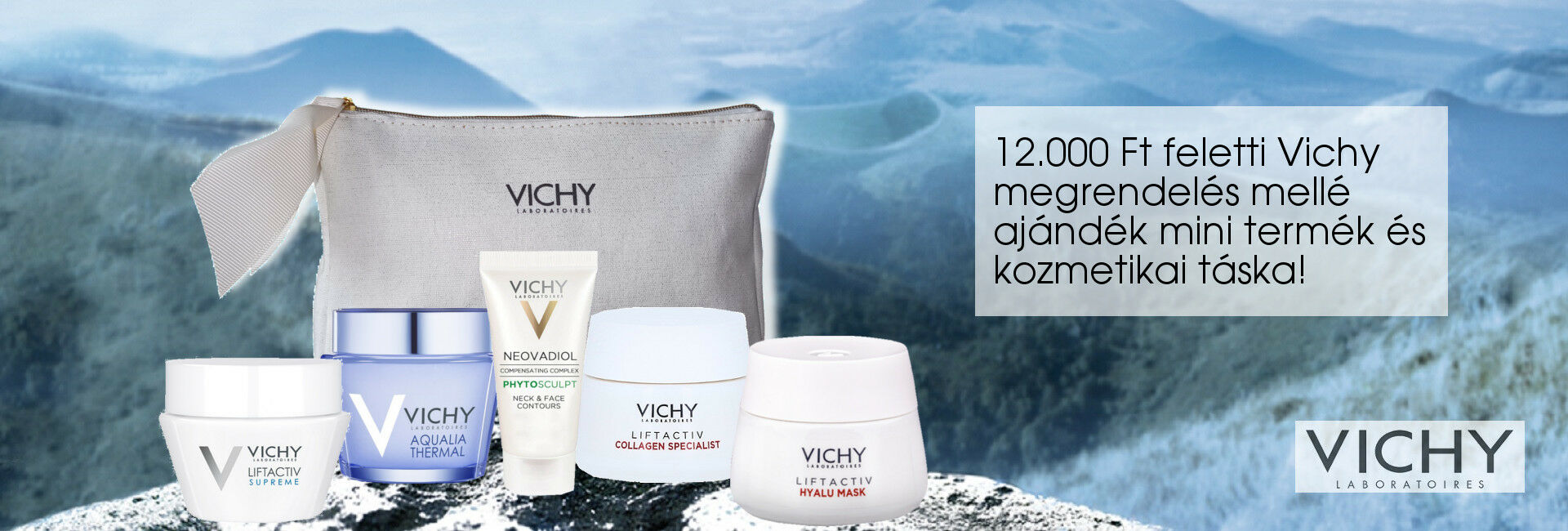 2021. február 8-15. között minden 12.000 Ft feletti Vichy megrendelés mellé választható mini Vichy arcápoló terméket és exkluzív Vichy kozmetikai táskát adunk ajándékba!