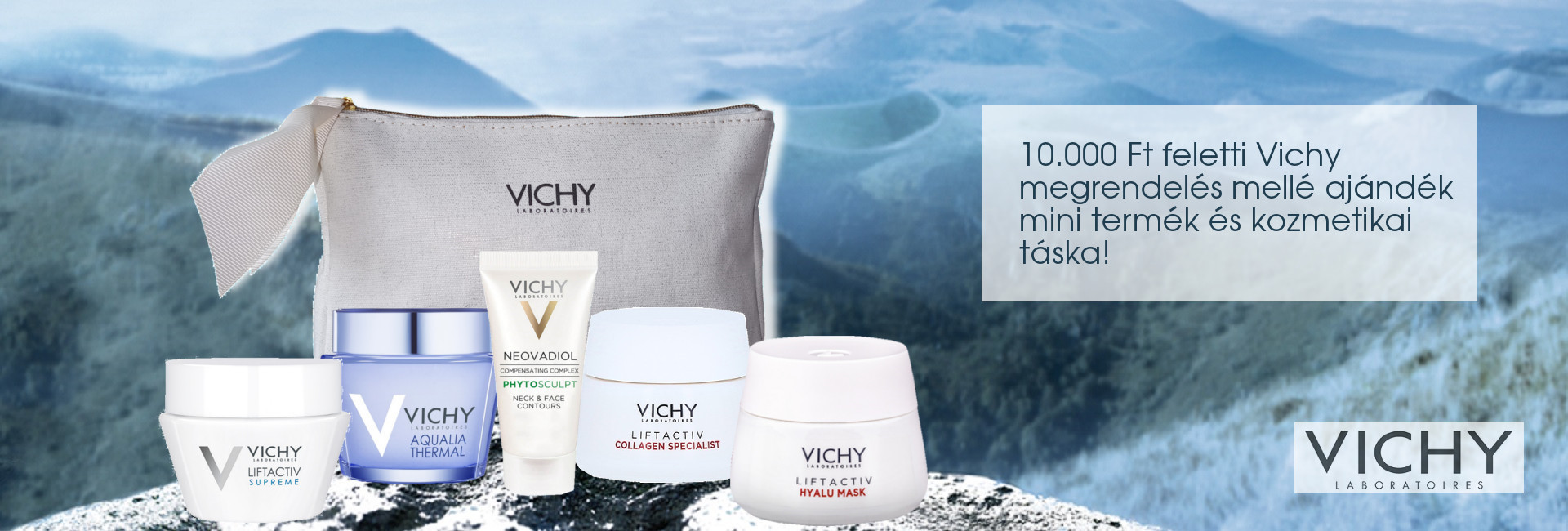 2020. december 3-10. között minden 10.000 Ft feletti Vichy megrendelés mellé választható Vichy mini arcápolót és kozmetikai táskát adunk ajándékba!