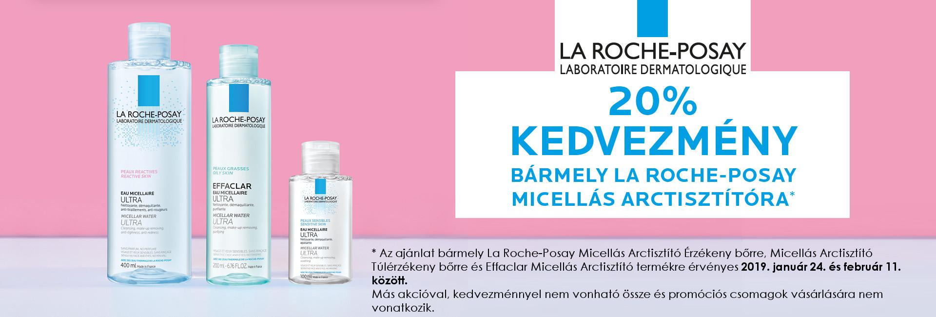 2019. február 11-ig a La Roche-Posay Micellás Arctisztító Érzékeny bőrre, Micellás Arctisztító Túlérzékeny bőrre és Effaclar Micellás Arctisztító termékekre 20% kedvezményt adunk!