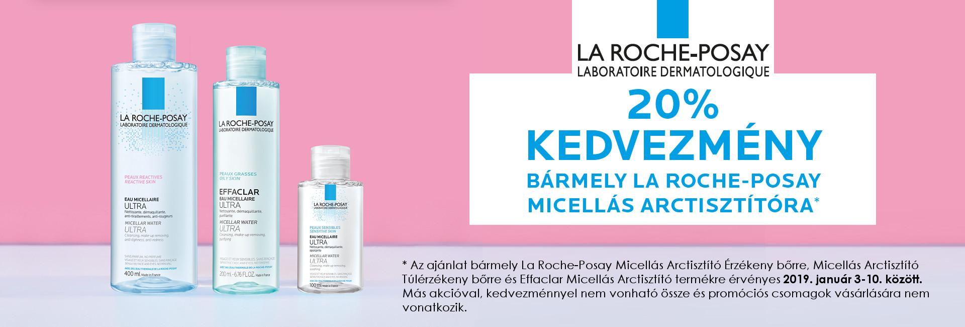 2019. január 3-10. között a La Roche-Posay Micellás Arctisztító Érzékeny bőrre, Micellás Arctisztító Túlérzékeny bőrre és Effaclar Micellás Arctisztító termékekre 20% kedvezményt adunk!
