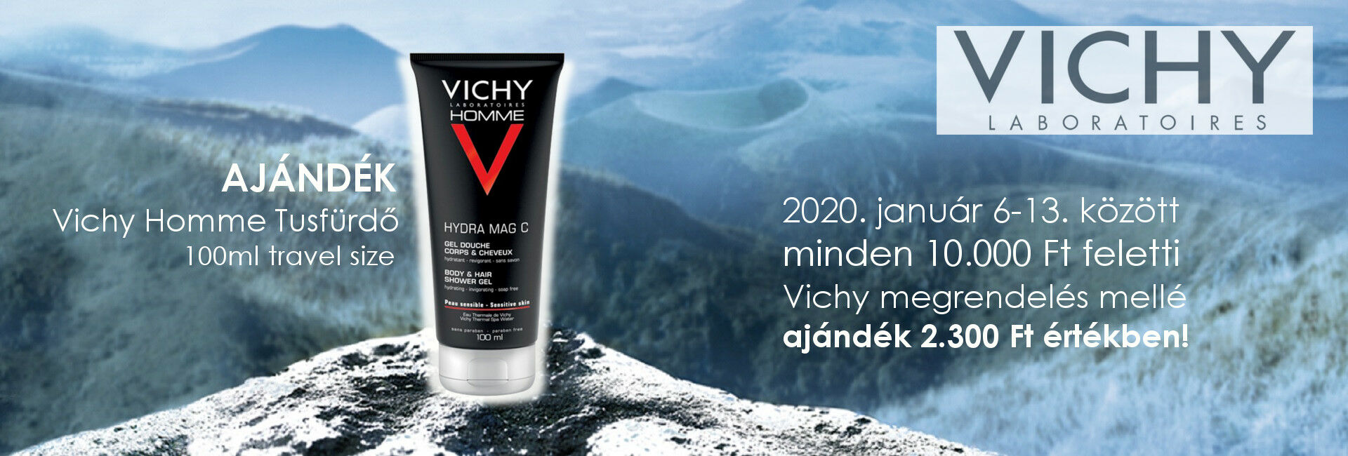 2020. január 6-13. között minden 10.000 Ft feletti Vichy megrendelés mellé travel size Vichy Homme tusfürdő 100ml-t adunk ajándékba 2.300 Ft értékben!