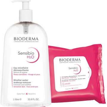 Bioderma Sensibio H2O arc- és sminklemosó 1L + Sensibio H2O arc- és sminklemosó kendő 25db