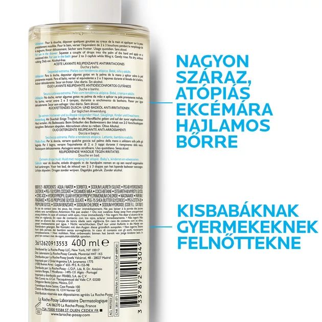 La Roche-Posay Lipikar Tusfürdő Lipidpótló Olaj AP+ 400ml