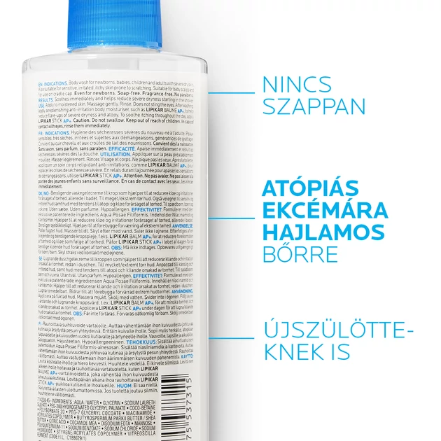 La Roche-Posay Lipikar Syndet AP+ lipidpótló krém-tusfürdő irritáció és viszketés ellen 400 ml